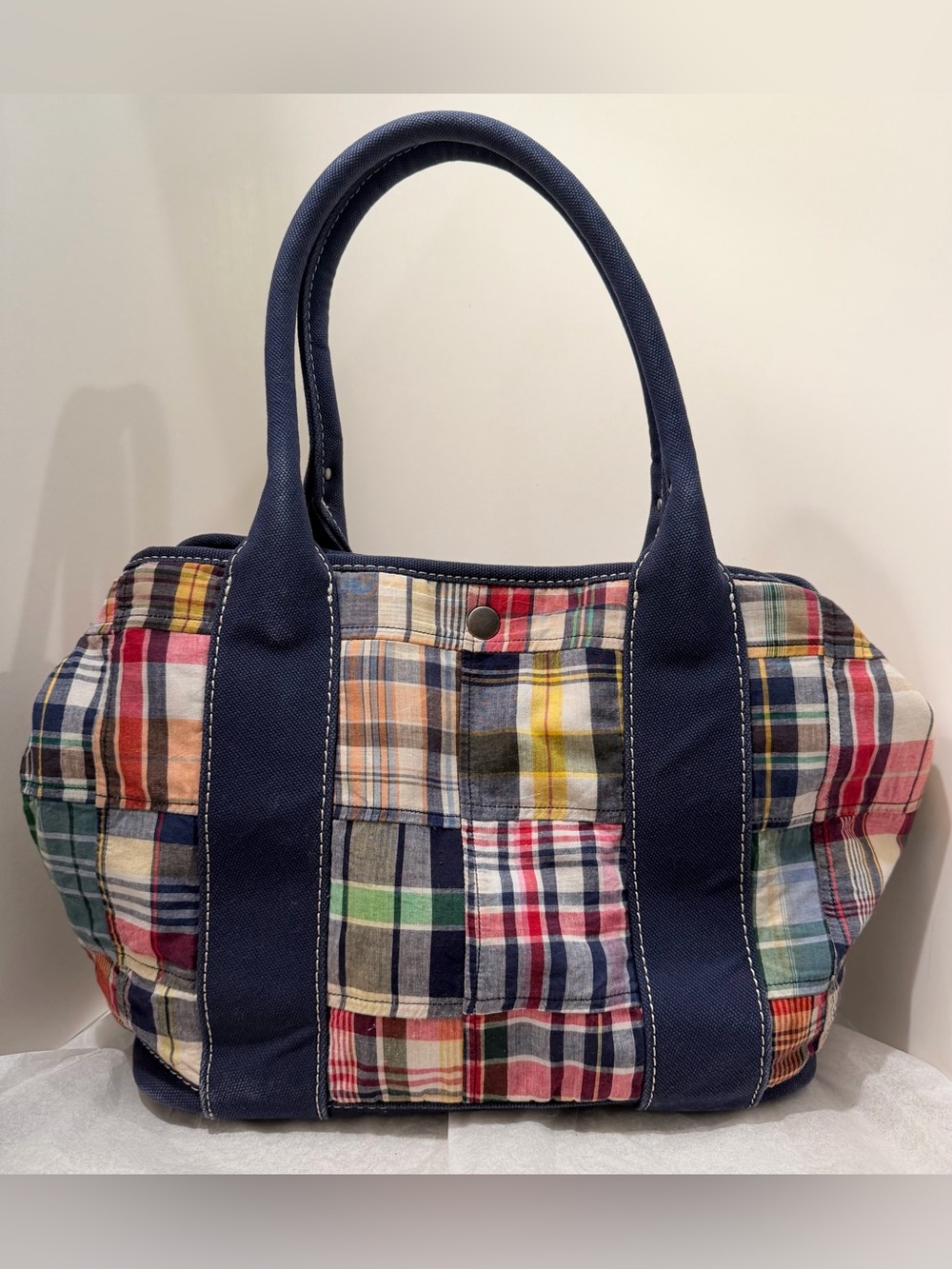 Madras Patchwork Plaid Vintage J.Crew Large Tote Bag Navy Canvas - Picture 12 of 16